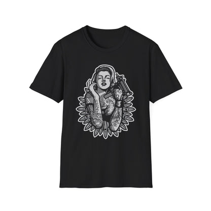 Tattooed Woman with Machine Gun Streetwear - T-Shirt - Blount Custom Creations